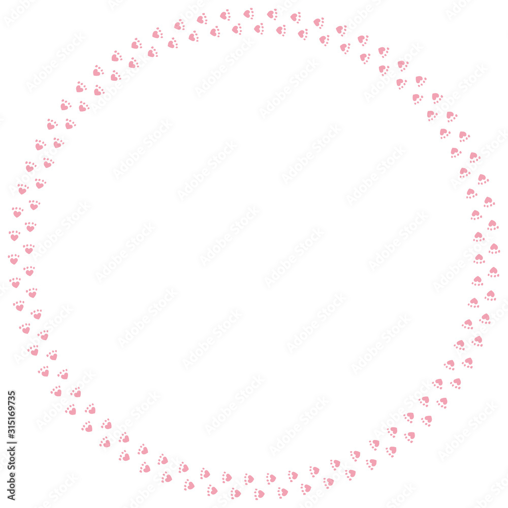 Round frame of pink cat tracks. Isolated frame on white background for your design. Round frame of pink cat tracks. Isolated frame on white background for your design.