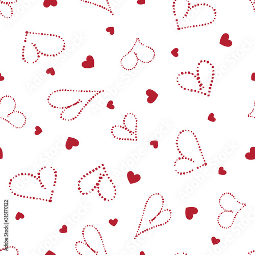 Little cute and doodle red hearts on light background. Seamless repeat pattern, perfect for valentines day invitation, cards and wallpaper. Vector illustration.