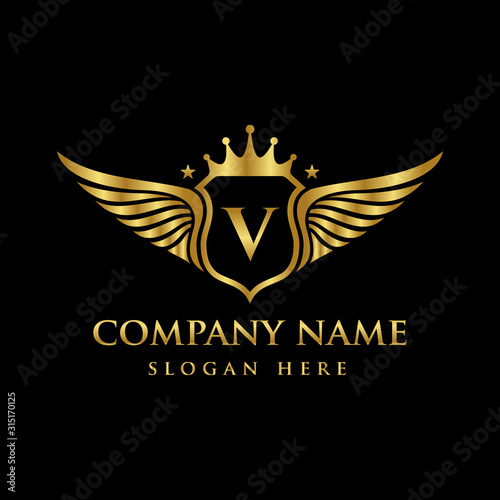 Luxury royal wing Letter V crest Gold color Logo vector, Victory logo, crest logo, wing logo, vector logo template