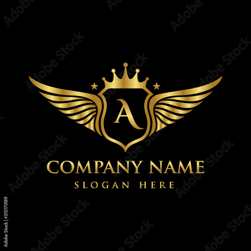 Luxury royal wing Letter A crest Gold color Logo vector, Victory logo, crest logo, wing logo, vector logo template