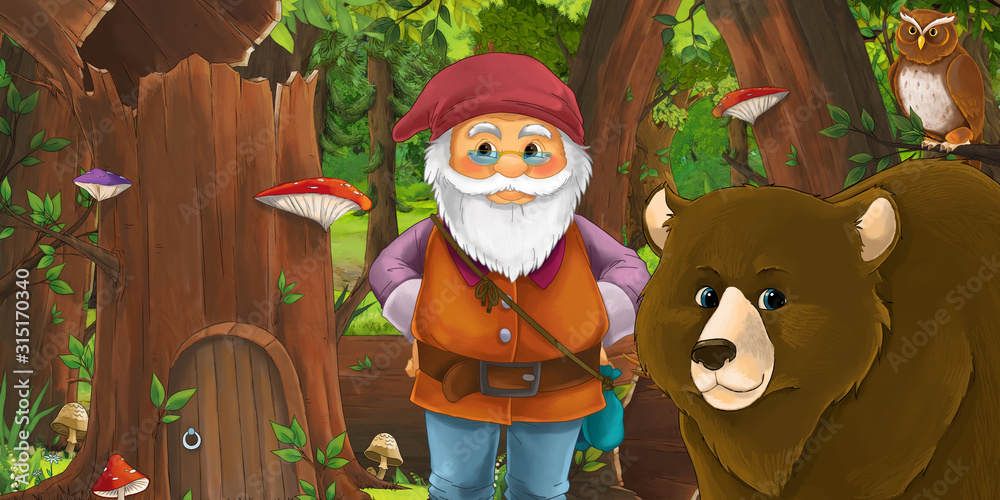 cartoon scene with happy dwarf in the forest near some house in the old tree and near some owls birds - illustration for children cartoon scene with happy dwarf in the forest near some house in the old tree and near some owls birds - illustration for children
