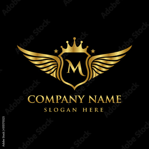 Luxury royal wing Letter M crest Gold color Logo vector, Victory logo, crest logo, wing logo, vector logo template