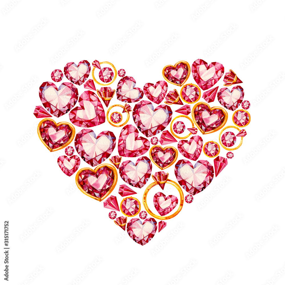 Watercolor illustration of heart shape made from different jewelry ruby hearts, rings and diamonds. isolated on white background. Watercolor illustration of heart shape made from different jewelry ruby hearts, rings and diamonds. isolated on white background.