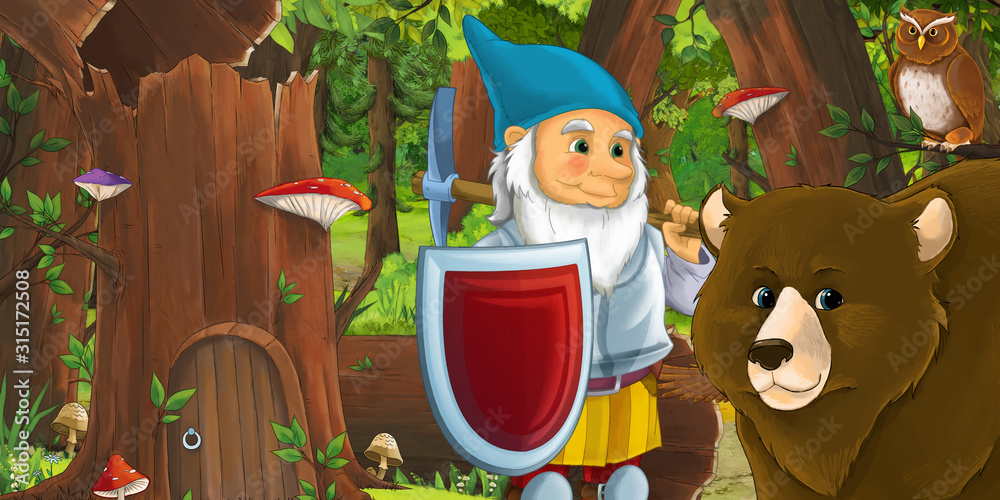 cartoon scene with happy dwarf in the forest near some house in the old tree and near some owls birds - illustration for children cartoon scene with happy dwarf in the forest near some house in the old tree and near some owls birds - illustration for children
