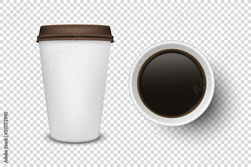 Vector 3d Realistic Disposable Opened Paper, Plastic Coffee Cup for Drinks With Brown Lid Icon Set Closeup Isolated on Transparent Background. Design Template, Mockup. Top and Front View