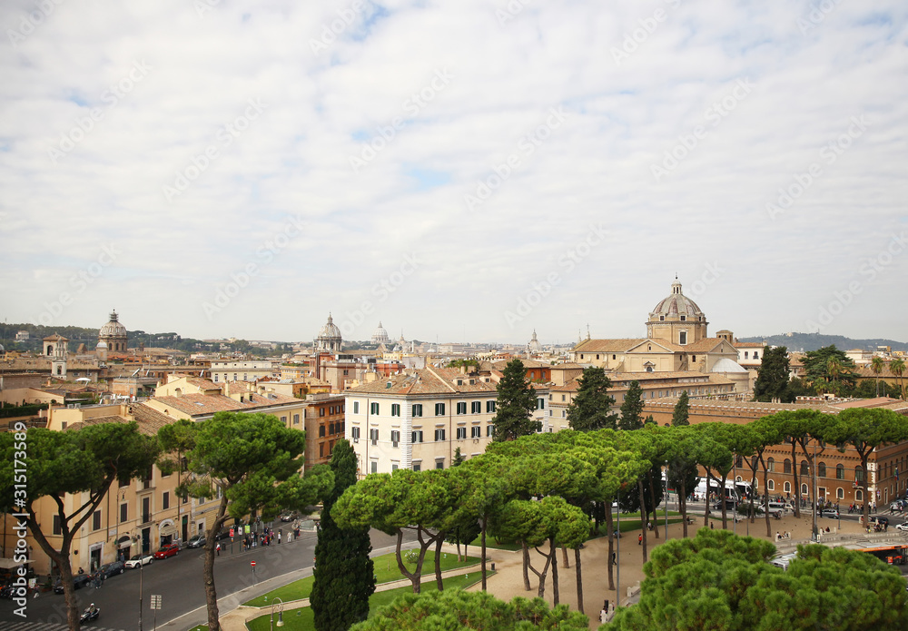 Scenic view from the roof top to the ancient buildings in Rome, Italy.