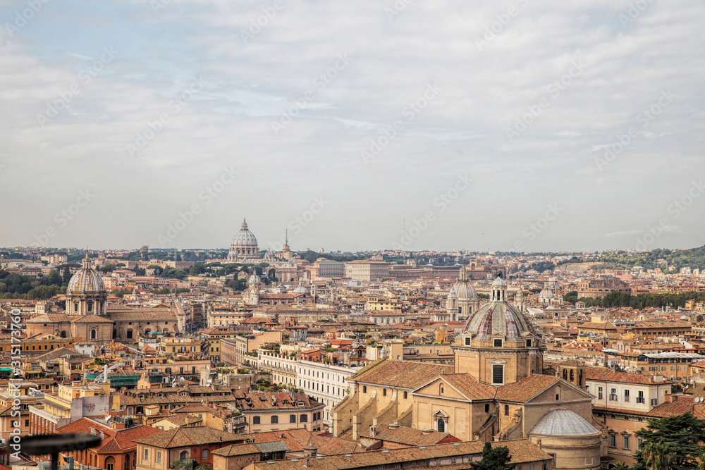 Scenic view from the roof top to the ancient buildings in Rome, Italy.