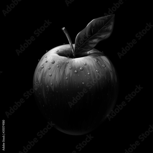 Apple. Realistic, black-and-white, artistic image of an Apple with water drops on a black background.