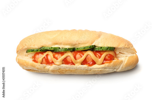 Tasty hot dog on white background