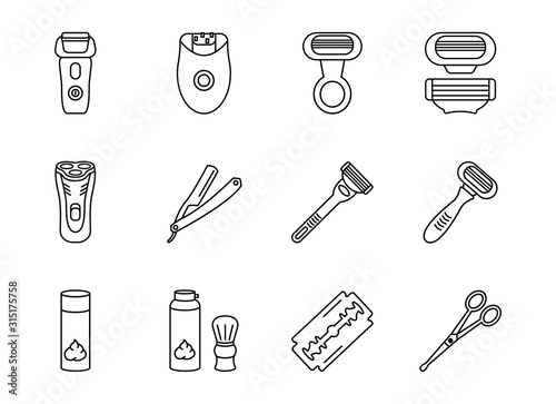 Shaving razors line icon set. Women's and men's razors, epilator, shaving brush, cartridges. Equipment for barbershop. Editable Strokes