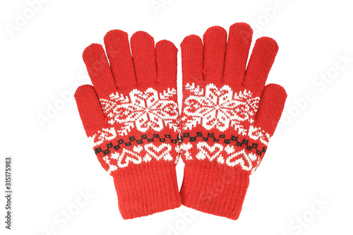 Red womens knitted wool winter gloves with pattern isolated on white background