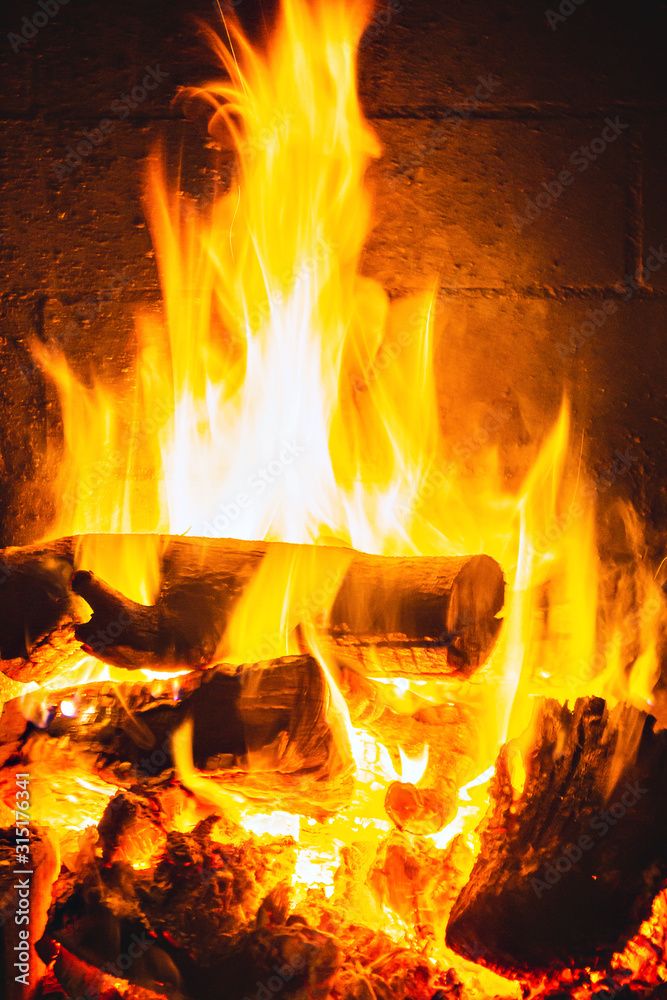 Fototapeta premium Flames burning a bonfire with coals, fireplace, close-up