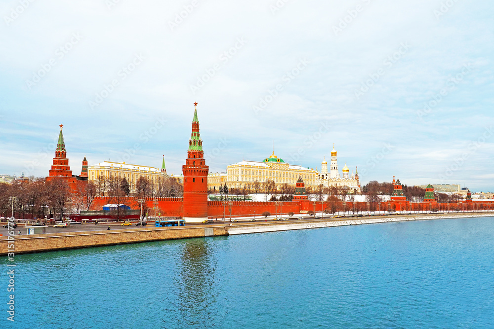 Fototapeta premium Winter Moscow Kremlin, Kremlin embankment and Moscow River. Architecture and landmark of Moscow, Russia