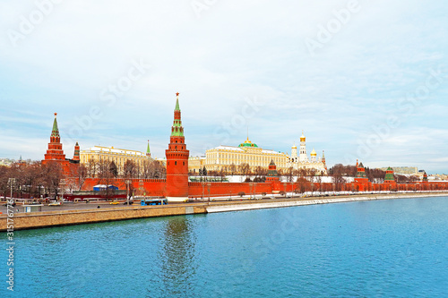 Winter Moscow Kremlin, Kremlin embankment and Moscow River. Architecture and landmark of Moscow, Russia