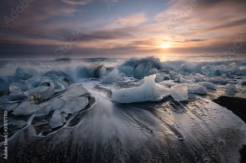 Diamond beach, ice blocks in a black sand beach
