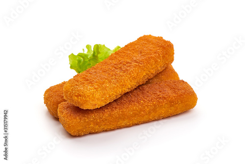 Crumbed golden fried fish fingers, isolated on white background