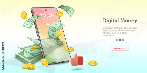 Vector Concept Illustration of Digital Money, Mobile Banking, Online Wallet. Template for website landing page.