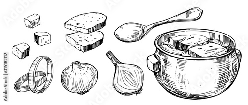 Vegetable onion soup. Hand drawn illustration converted to vector