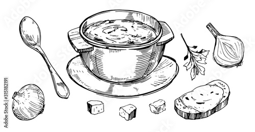 Vegetable soup. Hand drawn illustration converted to vector