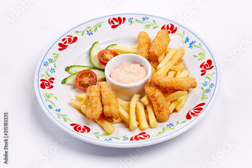 french fries, vegetables and sauce, kids menu
