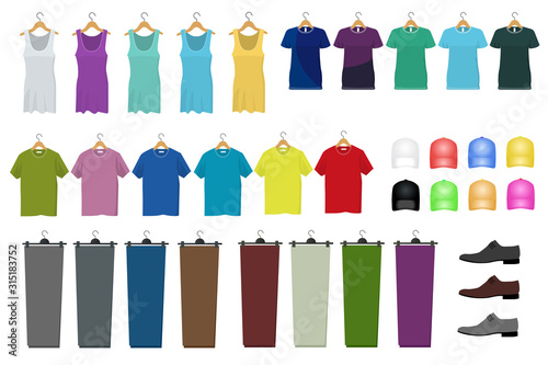 Set of male and female clothes hanging on a hanger. Flat style, illustration. Clothes and accessories fashion icons