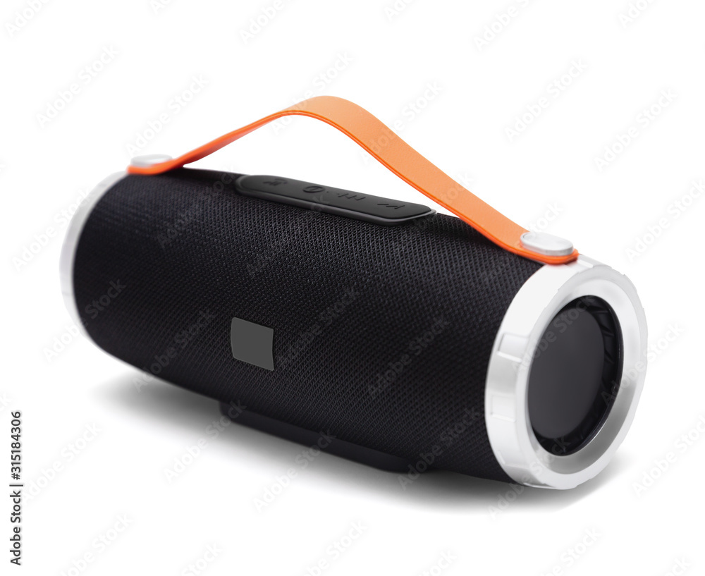 Portable Bluetooth Speaker with silicone handle isolated on White Background - obrazy, fototapety, plakaty 