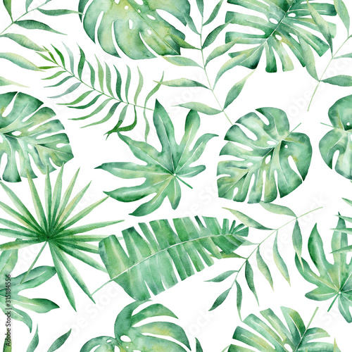 Obraz na płótnie Monstera, palm and fern leaves hand drawn seamless pattern illustration w salonie