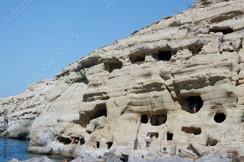 Rocky caves of Matala resort in Crete, Greece.