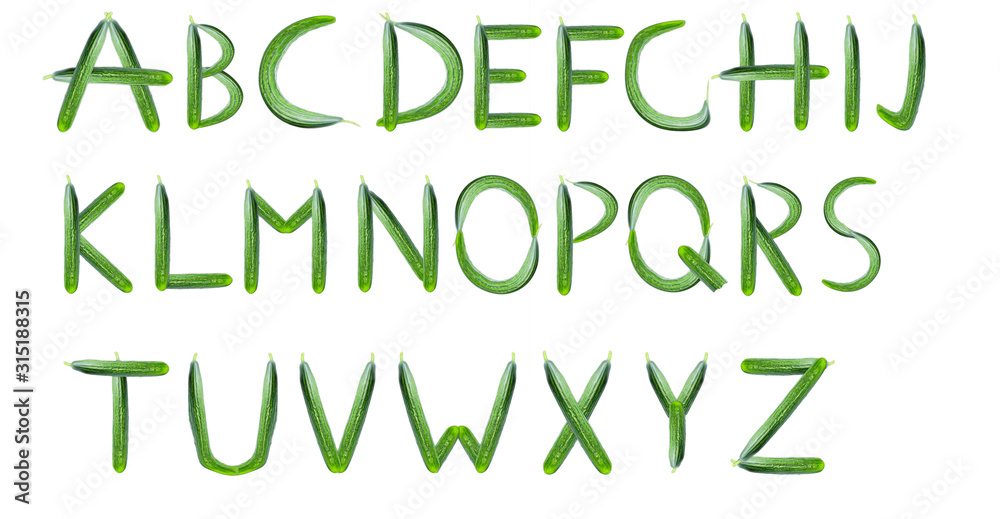 Letters of the English alphabet made up of cucumbers