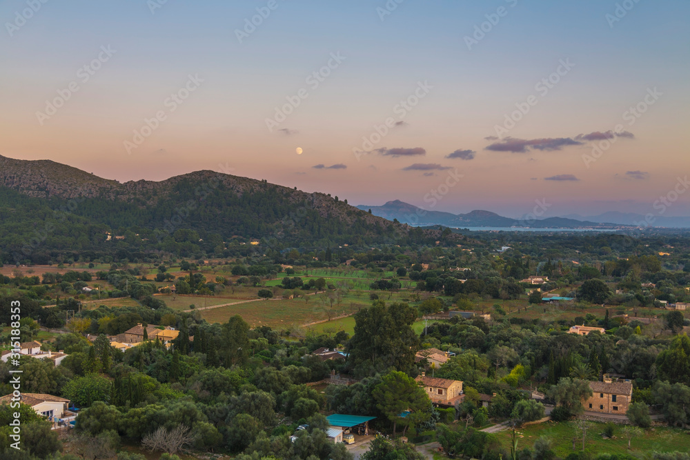 Landscape with valley and mountains in sunset time, Mallorca