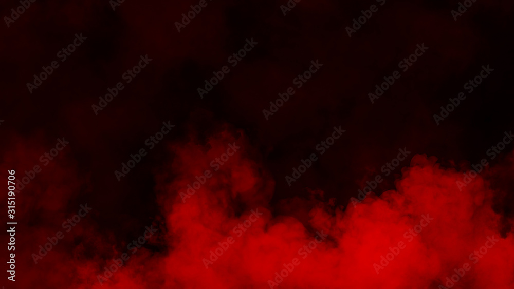Smoke on the floor . Isolated black background . Misty red fog effect texture overlays for text or space. Stock illustration.