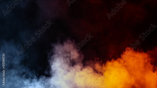 Smoke on the floor . Isolated black background . Misty fog effect texture overlays for text or space.