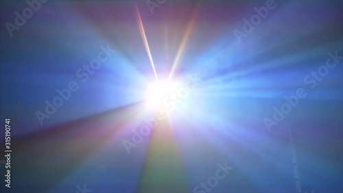 4K Shot Of Beautiful Rays Of Colours Shining Out Of Projector Surrounded By Smoke,  Bright Light Shining In Different Direction. Blue Light photo