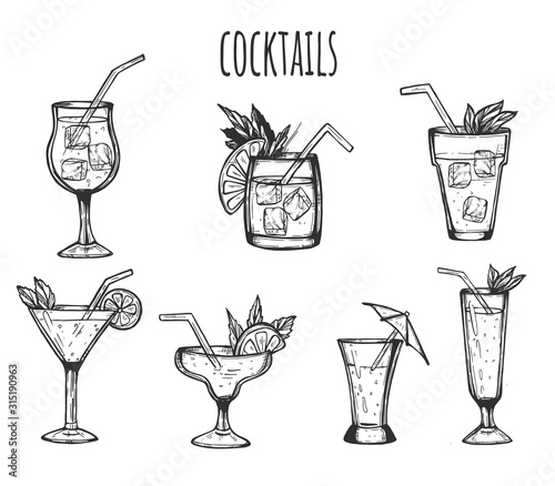 Party cocktails in glasses set