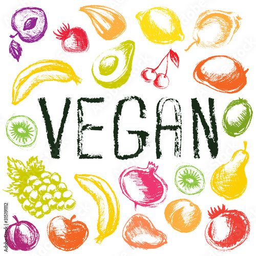 Vegan poster with colorful fruits, go green and vegan concept, hand drawn motivational banner vector illustration