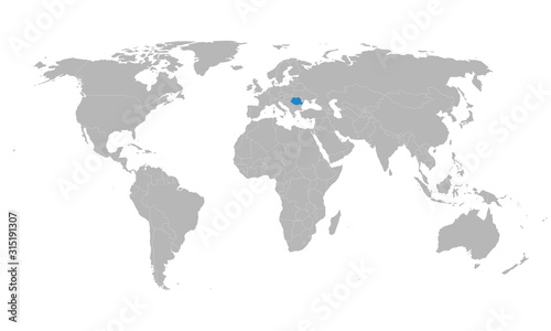 Romania european country highlighted on world map vector. Light gray background. Perfect for business concepts, backgrounds, backdrop, chart, label, sticker, poster and wallpapers.
