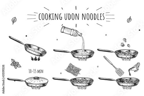 Cooking Udon asian dish process