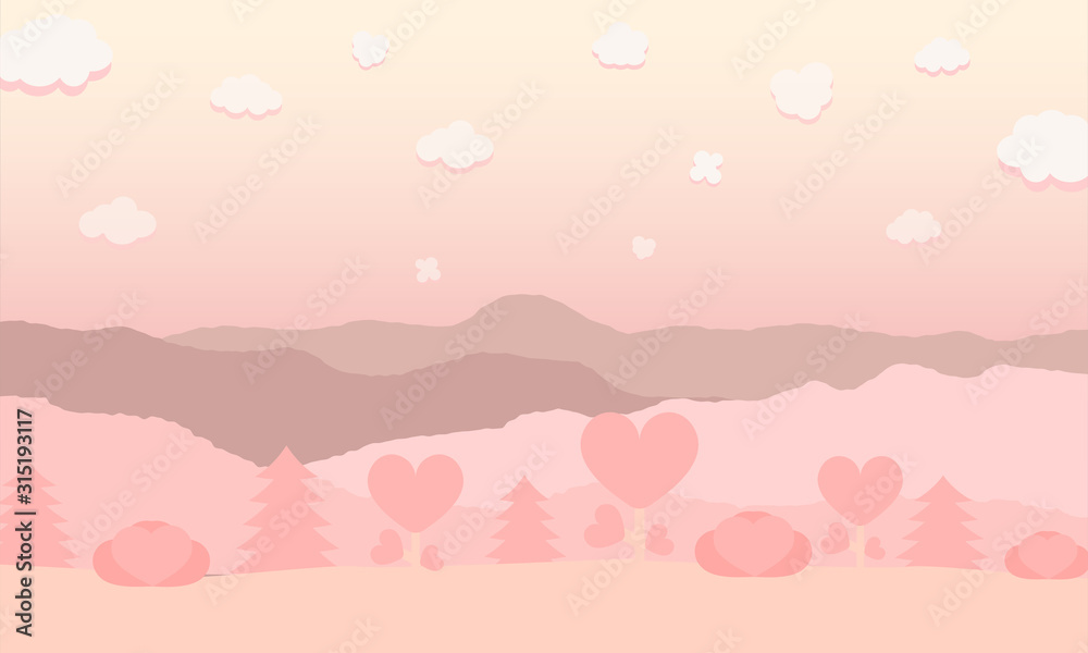 Natural pink tone. Heart tree in hill at cloud.