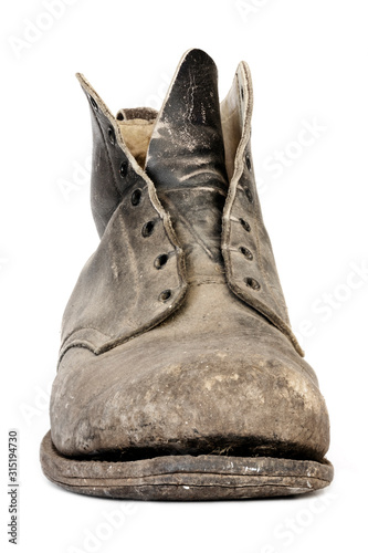 Old Worn Boot Isolated on White Front View