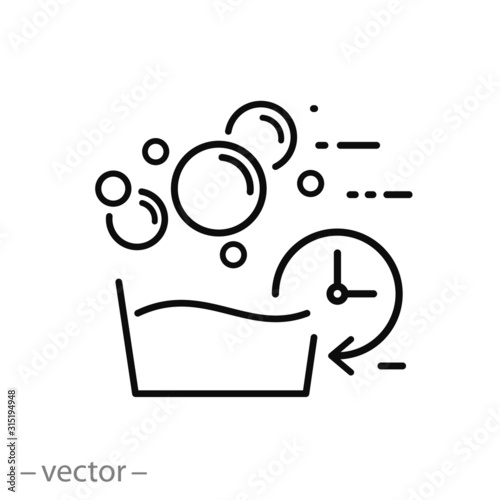 quick wash icon, washing with clock, fast time clean, thin line web symbol on white background - editable stroke vector illustration eps10