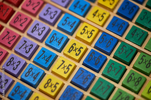 Wallpaper Mural Multiplication table . Macro mode. Colored wooden cubes. Teaching children math and numeracy. Mental math. Torontodigital.ca