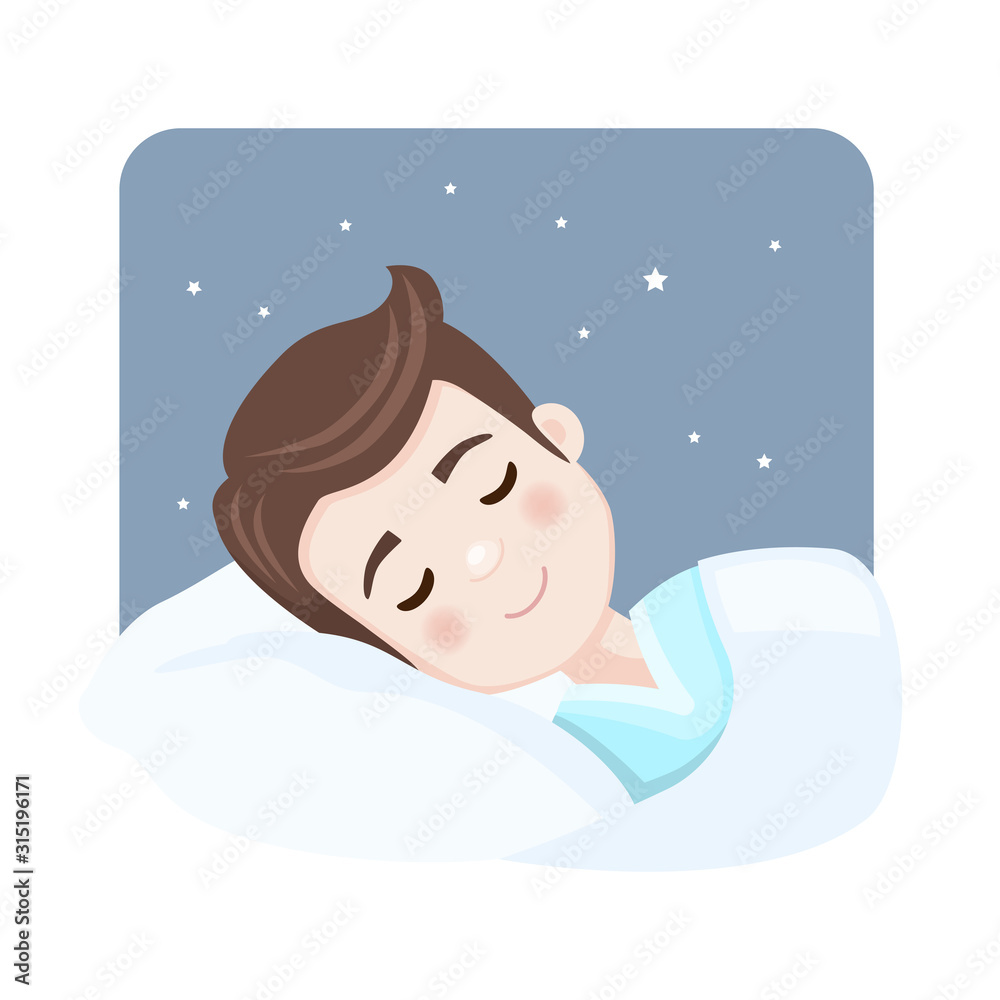 Foreground boy asleep in bed at night. Sweet dreams. Vector ...