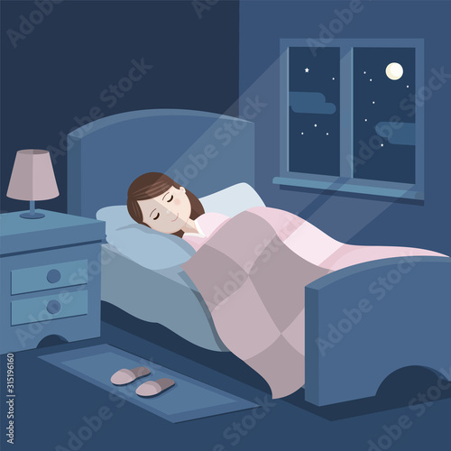 Girl sleeping in bed. Bedroom with a window at night. Sweet dreams. Vector illustration