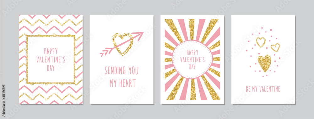 Valentine`s Day cards set with hand drawn hearts and golden glitter. Doodles and sketches vector vintage illustrations, DIN A6.