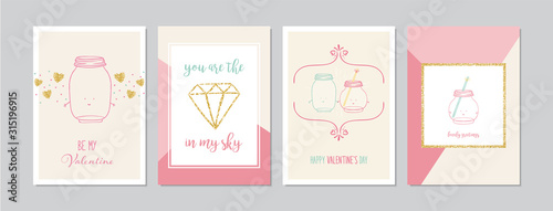 Valentine`s Day cards set with hand drawn elements like hearts, golden diamond and mason jar. Doodles and sketches vector vintage illustrations, DIN A6.