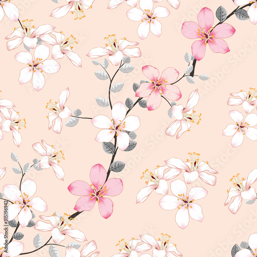 Seamless pattern pink wild flowers on isolated pastel background.Vector illustration hand drawing line art.For fabric design.