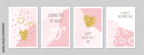 Valentine`s Day cards set with hand drawn hearts and golden sparkle. Doodles and sketches vector vintage illustrations, DIN A6.