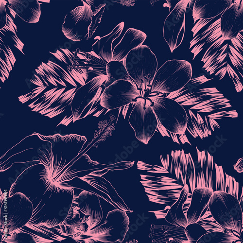 Seamless pattern pink hibiscus and wild flowers and palm leaves on dark blue background.Vector illustration line art drawing. © NOPPHACHAI