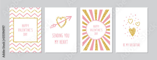 Valentine`s Day cards set with hand drawn hearts and golden glitter. Doodles and sketches vector vintage illustrations, DIN A6.