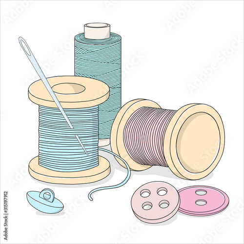 Spools of thread, buttons, and a sewing needle. Needlework and handmade themes on white background.